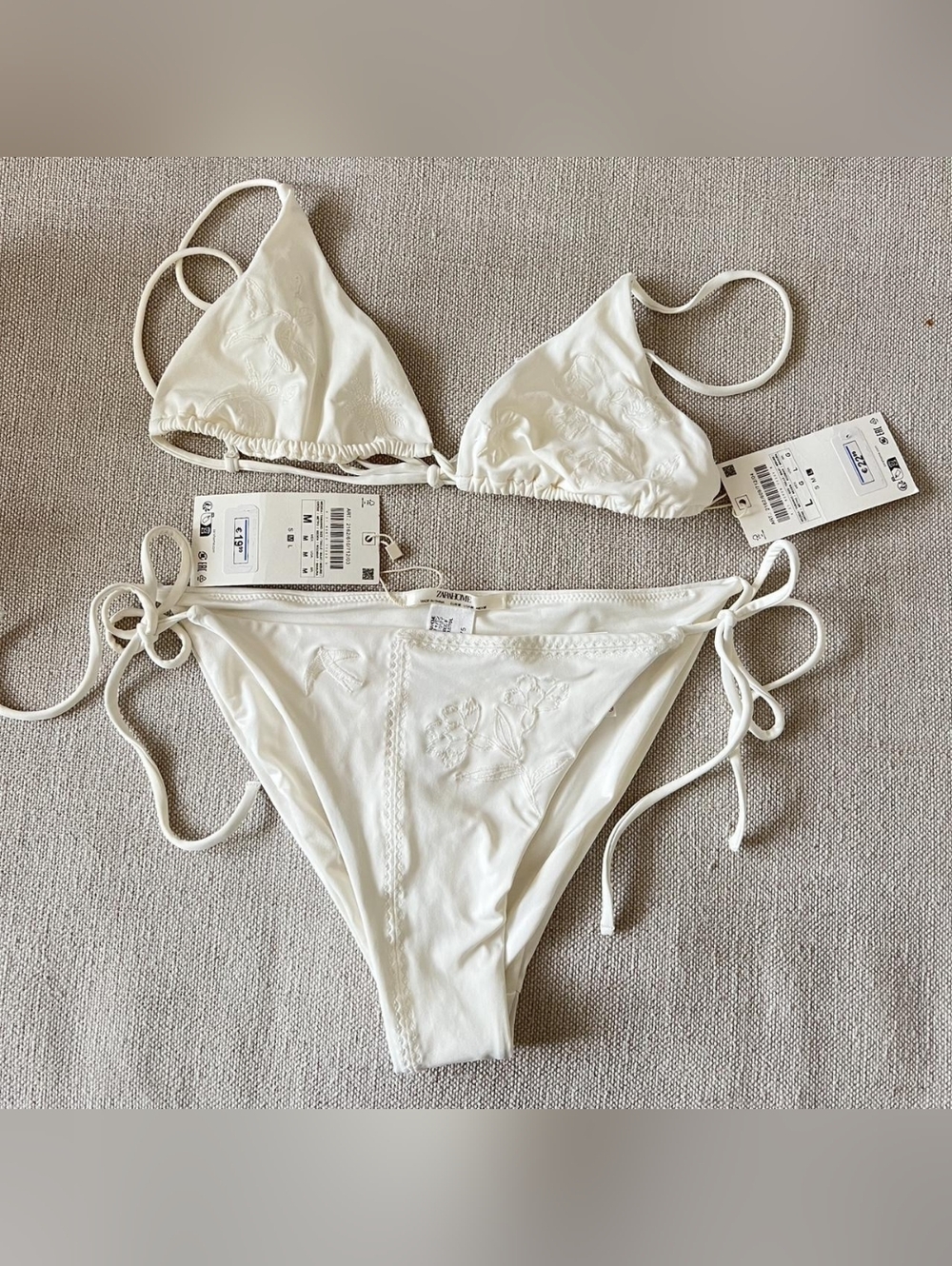 Zara White and Cream Floral Print Embroidered Triangle Bikini Set